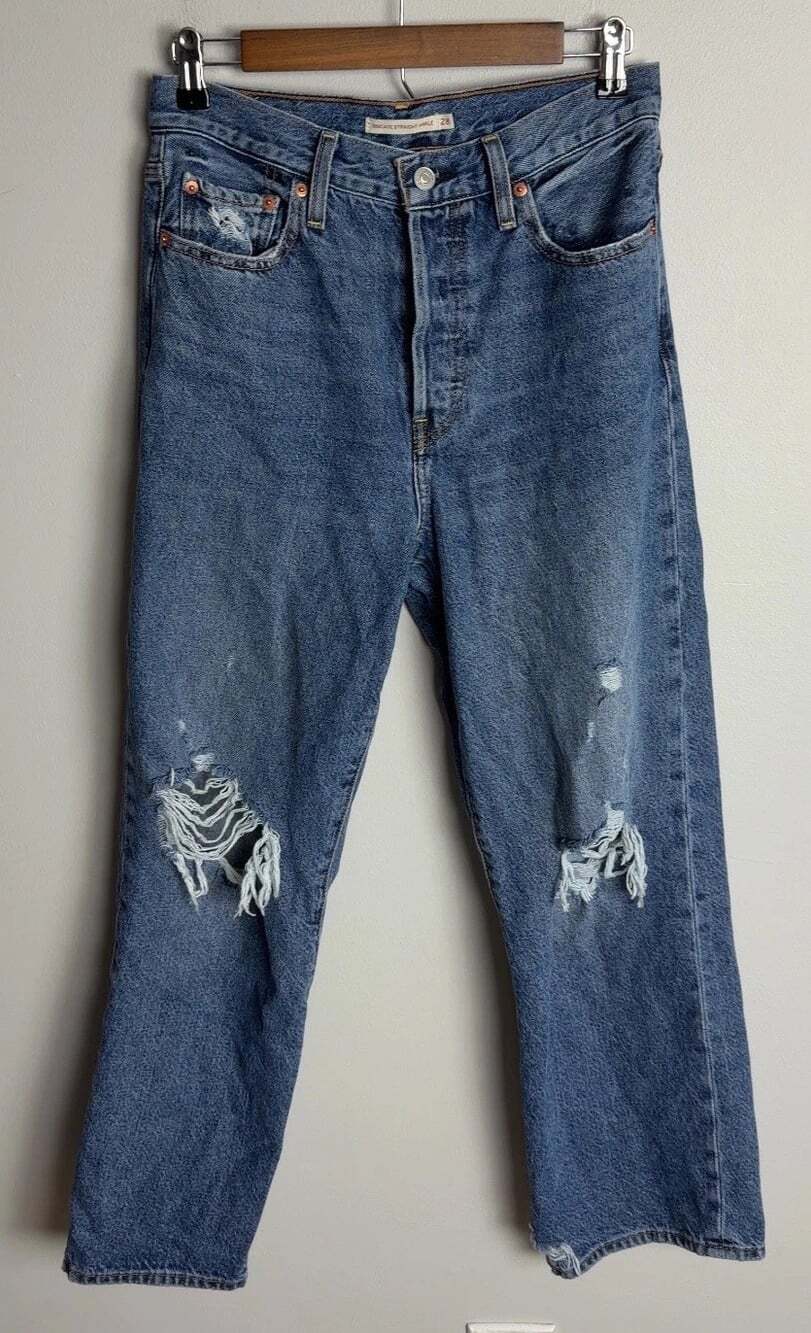 Levi's Ribcage Straight Ankle Jeans Size 28x27 Distressed Blue Denim Women’s